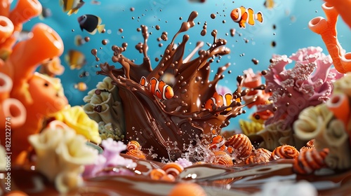 Chocolate splash with clownfish and coral reef for a delicious ocean-themed design photo