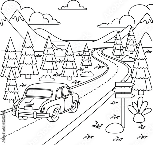 Road trip, travel coloring page for kids. Summer outline doodle colouring page isolated on white background. Summer coloring book for kids