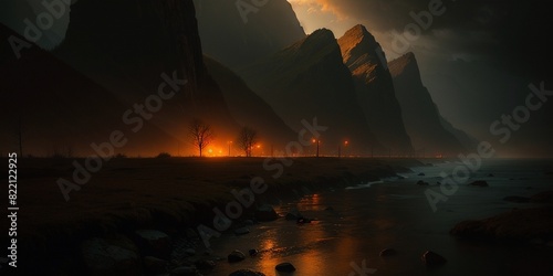 a dark landscape with a river and mountains in the background photo
