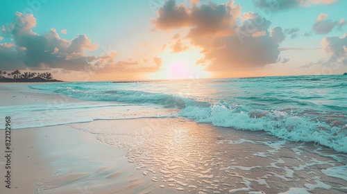 a beach with waves crashing on the sand and a sunset photo