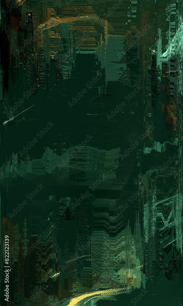 Obraz premium A green abstract painting with a cityscape in the background. The painting is full of texture and he is a digital art piece
