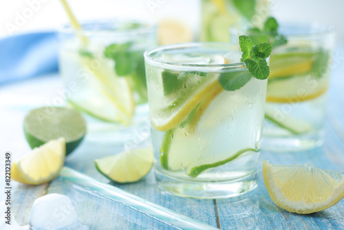 Glasses with lemon and lime lemonade