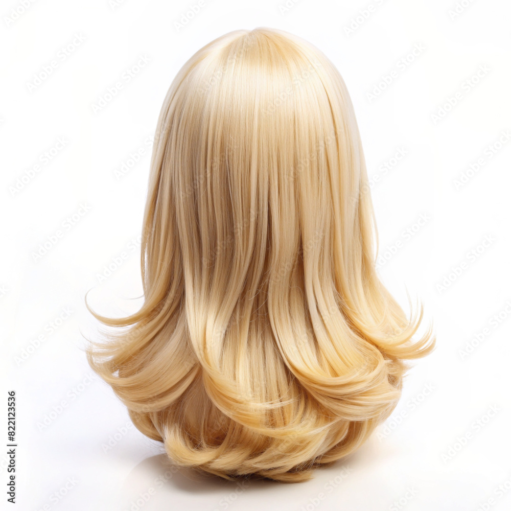 The image features the back of a blonde wig with long, wavy hair. The wig has a center part and appears slightly curled at the ends. The background is white The image features the back of a blonde wig with long, wavy hair. The wig has a center part and appears slightly curled at the ends. The background is white