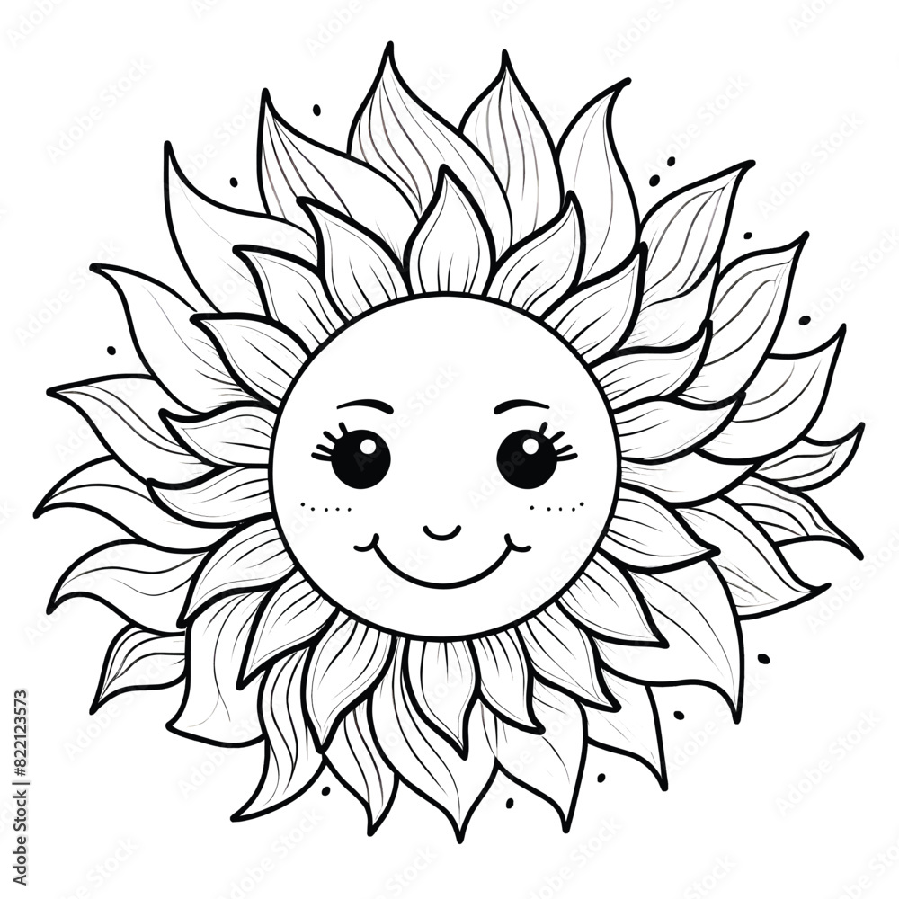 an outline drawing coloring page of sun and flowers with cute face and smiling an outline drawing coloring page of sun and flowers with cute face and smiling