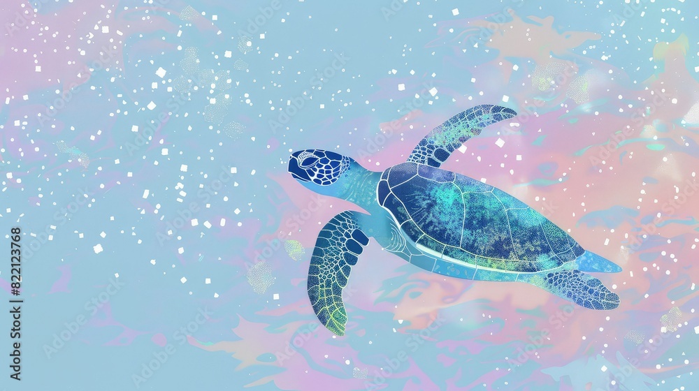 Fototapeta premium Graceful sea turtle swims in a colorful ocean.