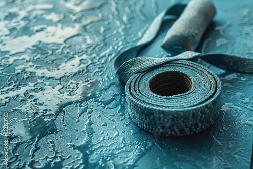 A close-up of a textured yoga mat in a calming blue hue, with a yoga strap and eye pillow arranged artistically on top