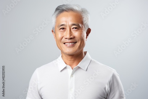 Silver Background Happy asian man. Portrait of older mid aged person beautiful Smiling boy good mood Isolated on Background ethnic diversity equality acceptance concept with copyspace 