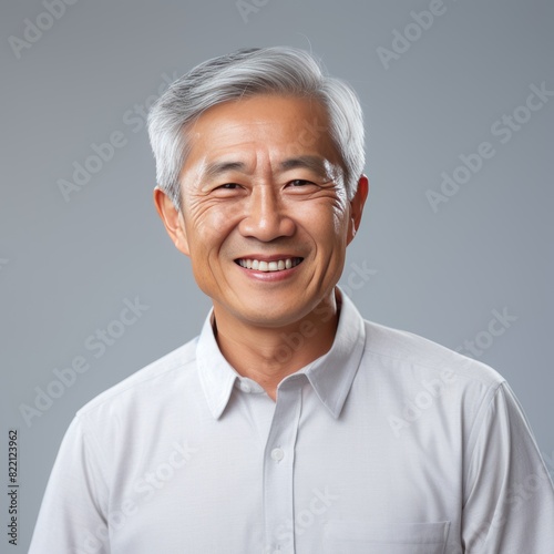 Silver Background Happy asian man. Portrait of older mid aged person beautiful Smiling boy good mood Isolated on Background ethnic diversity equality acceptance concept with copyspace 