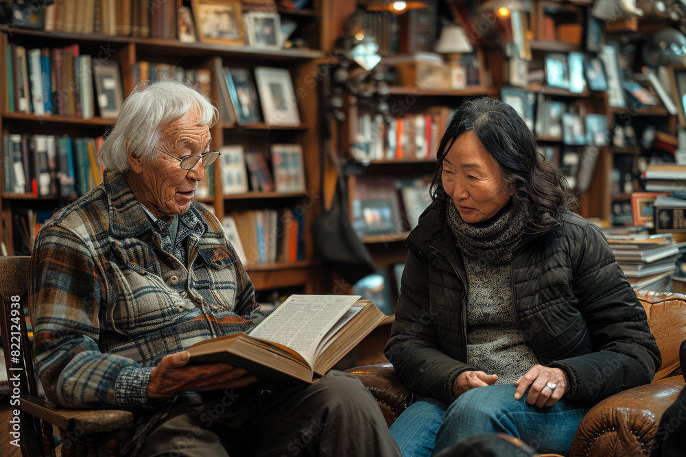 Retirees shares stories and knowledge in a cozy library, engaged in lively discussion amidst shelves of books Retirees shares stories and knowledge in a cozy library, engaged in lively discussion amidst shelves of books