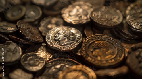 Closeup of antique coins for history or finance themed designs