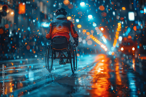 Rear view of dedicated wheelchair athlete speeds along a brightly lit bicycle lane in a rainy city evening, surrounded by glowing streetlights and reflections photo