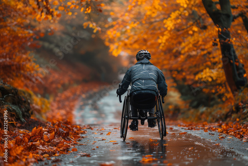 Rear view of determined wheelchair athlete races along a serene, leaf-strewn countryside road, surrounded by vibrant autumn foliage photo