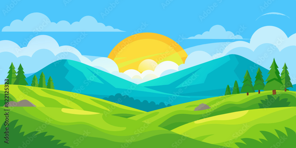 Fototapeta premium Vector Illustration of beautiful summer fields landscape with a dawn, green hills, bright color blue sky background