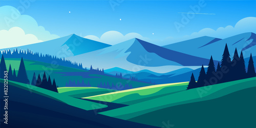 Vector Illustration of beautiful summer fields landscape with a dawn, green hills, bright color blue sky background