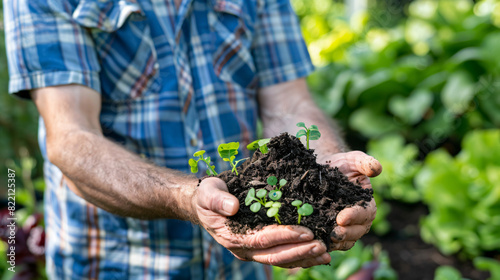 Man holding pile of soil with seedling outdoors closeu photo