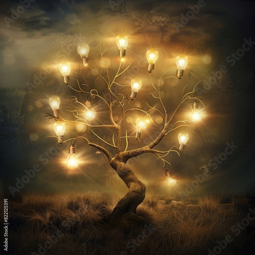 A tree whose fruit are light bulbs, each turning on as they ripen, symbolizing ideas coming to fruition and the illumination they bring