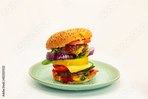 big appetizing burger on a plate isolated