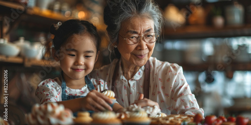 Grandmother and granddaughter joyfully bake homemade cake together, sharing traditions and creating cherished memories photo