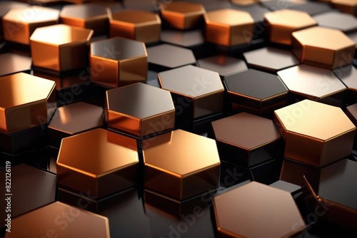 Abstract futuristic digital hexagon shapes in gold and black metal  wallpaper texture 