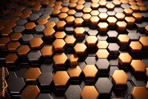 Abstract futuristic digital hexagon shapes in gold and black metal  wallpaper texture 