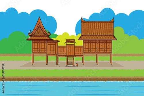 Old Thai style wooden house in the country drawing in colorful cartoon vector