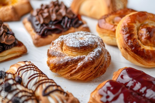 Various sweet pastries on a white table.