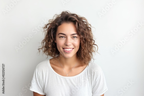 Silver background Happy european white Woman realistic person portrait of young beautiful Smiling Woman Isolated on Background ethnic diversity equality acceptance concept with copyspace