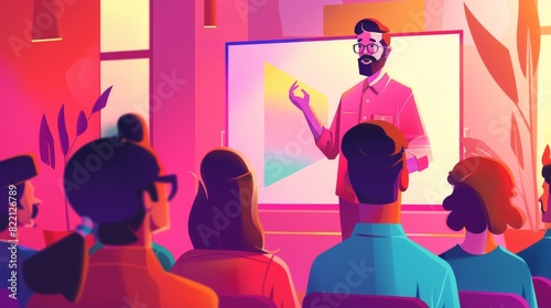 An illustration character leading an employee training session, presenting information on a digital screen to a group of attentive colleagues, emphasizing continuous learning and skill development.