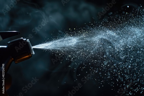 A close-up shot of a hand-pumped oil sprayer mister in action, releasing a fine mist of oil onto a dark, contrasting background, showcasing its precise control and versatility in the kitchen photo