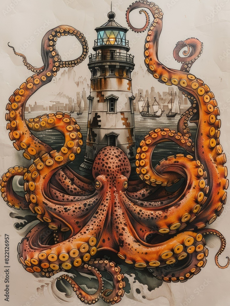 A digital painting of an octopus with a lighthouse on its back. The octopus is orange and the lighthouse is grey and white. The octopus is surrounded by a dark blue sea. A digital painting of an octopus with a lighthouse on its back. The octopus is orange and the lighthouse is grey and white. The octopus is surrounded by a dark blue sea.