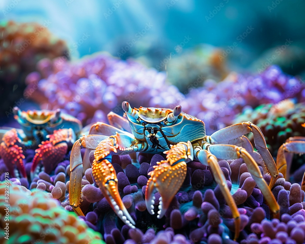 Vibrant Crab on Coral Reef with School of Fish in Background, colorful underwater scene, marine life, design template, aquatic biodiversity, banner, oceanic beauty Vibrant Crab on Coral Reef with School of Fish in Background, colorful underwater scene, marine life, design template, aquatic biodiversity, banner, oceanic beauty