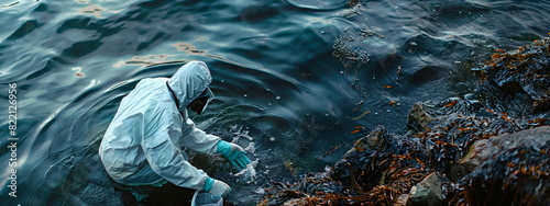 Environmental Scientist Collecting Water Samples at Shoreline, coastal research, aquatic study, design template, environmental monitoring, banner, water quality analysis