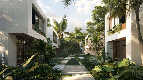 Architectural rendering, tight shot of modern minimalist townhouses with square roofs in a tropical setting © Shahriyar