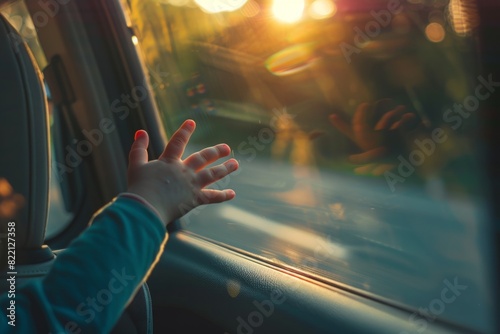 A child sitting in the car and wawing through a window photo