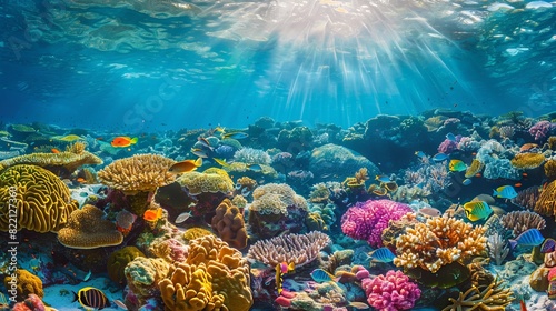 A vibrant underwater landscape showcasing the colorful coral of the Great Barrier Reef. 