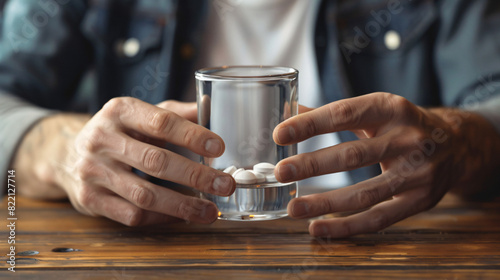 Man with glass of water and pill at wooden table close