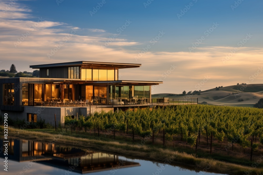 Scenic view of a rustic tasting room nestled in a hillside vineyard under the summer sky Scenic view of a rustic tasting room nestled in a hillside vineyard under the summer sky