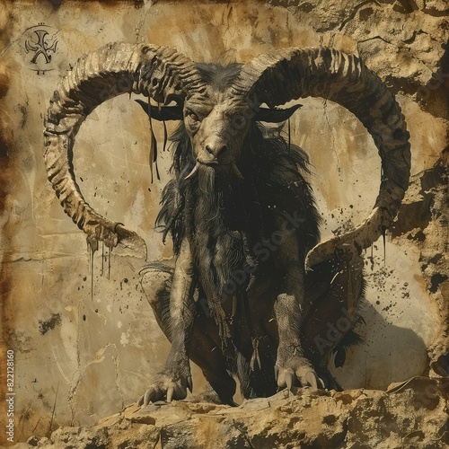 A dark fantasy illustration of a goat-headed demon with glowing red eyes and spiraling horns. photo