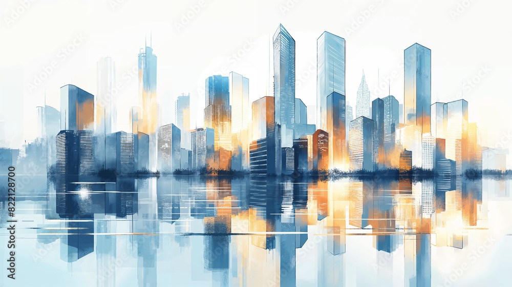 3D rendering of a city skyline with glass buildings.  Modern skyscrapers in a blue and black color palette.  Reflection on the water surface.  Urban architecture background.  Wide panoramic view.  