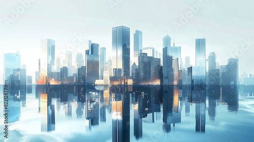 3D rendering of a city skyline with glass buildings. Modern skyscrapers in a blue and black color palette. Reflection on the water surface. Urban architecture background. Wide panoramic view. 