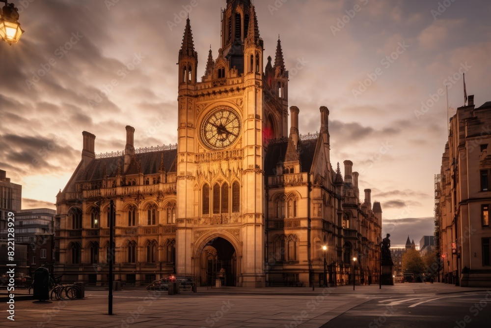 Fototapeta premium Historical Town Hall with an Antique Clock Tower Glowing in the Dusk Light