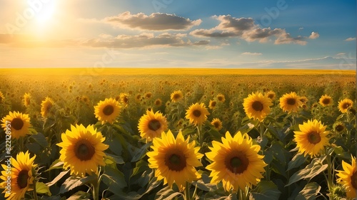 An Expansive Meadow of Tall Yellow Sunflowers  Each Blooming Radiantly  All Facing Towards the Warmth of the Golden Afternoon Sun.