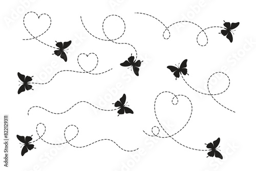 A set of butterflies flying along the route, butterflies and dotted lines in the form of hearts.