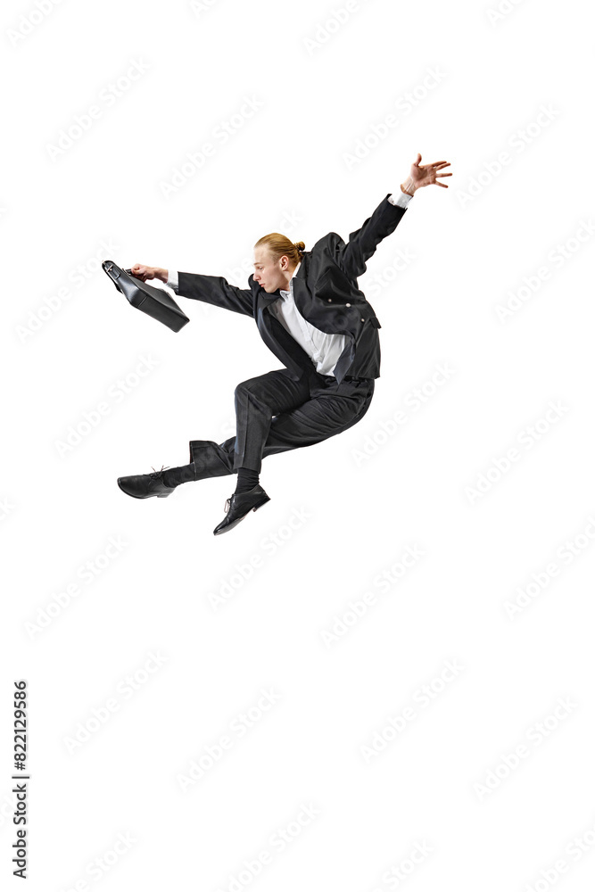Business professional in suit performing dynamic leap. Swift and decisive movements required for success in corporate world. Concept of business, work and study, hobby, freelance, office. Ad Business professional in suit performing dynamic leap. Swift and decisive movements required for success in corporate world. Concept of business, work and study, hobby, freelance, office. Ad