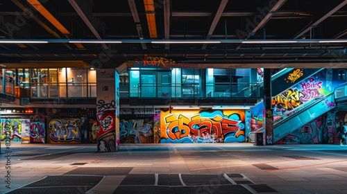 Colorful graffiti wall in an urban setting at night