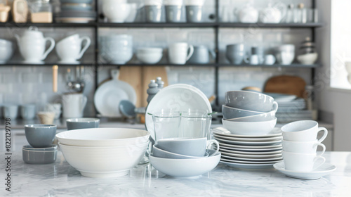 Many different clean dishware and cups on white marble