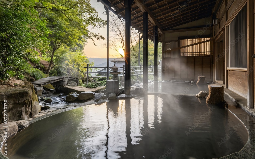 Onsen, landscape outdoor with nature, relaxation and calm rejuvenation, Japan style Onsen, landscape outdoor with nature, relaxation and calm rejuvenation, Japan style