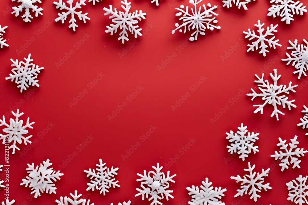 Red Background with White Snowflakes Flat Lay, Top View Red Background with White Snowflakes Flat Lay, Top View