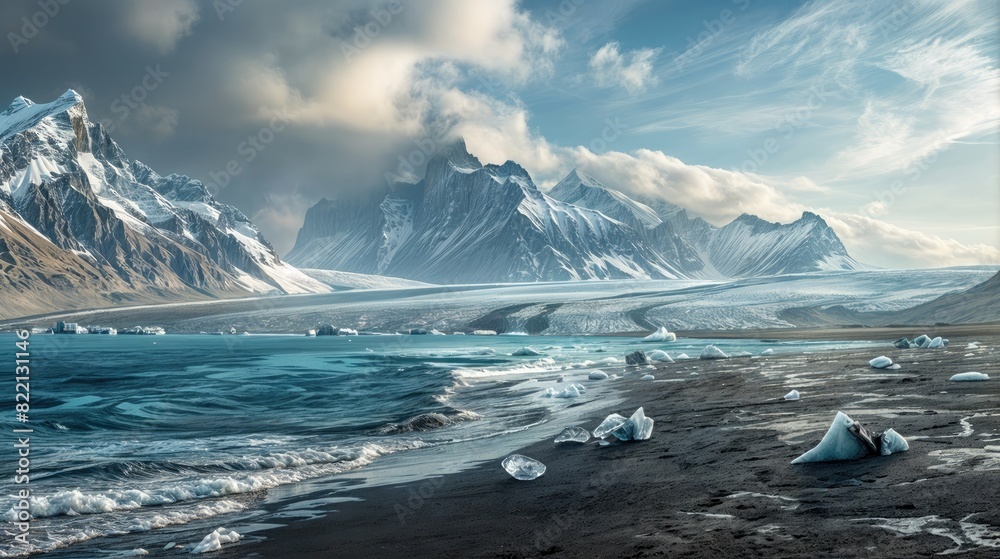 custom made wallpaper toronto digitalA beach with icebergs, a glacier, and snow-capped mountains in the background