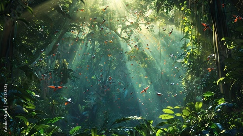 A lush, dense view of the Amazon Rainforest with sunlight filtering through the thick canopy. Colorful birds, monkeys, and a myriad of plants create a vivid tapestry of life. photo